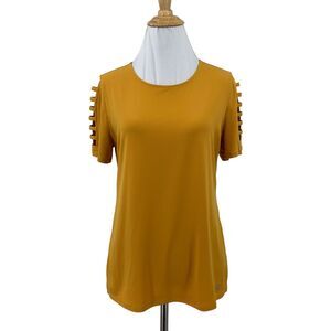 Michael Kors Cutout Shirt Womens S Marigold Round Neck Short Sleeve Side Vents